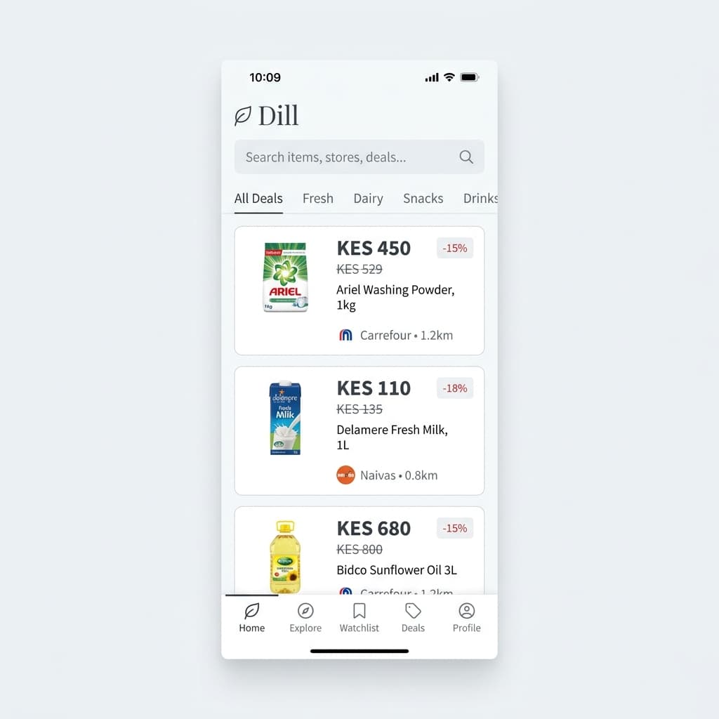 Dill deal aggregator showing supermarket deals with KES pricing