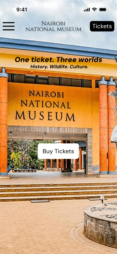 Nairobi National Museum landing page showing ticket booking flow