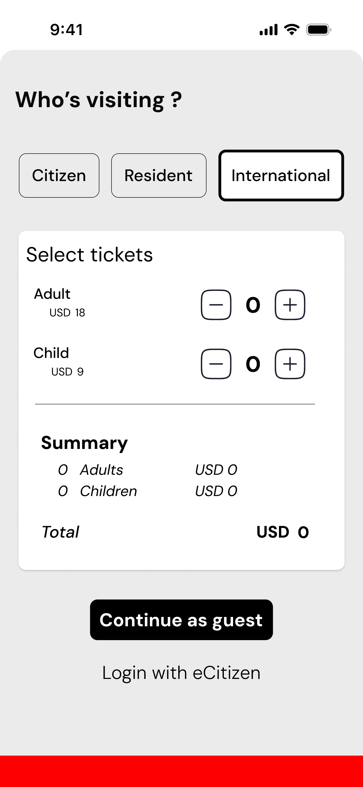 Ticket selection screen showing Citizen, Resident, and International visitor types with upfront pricing