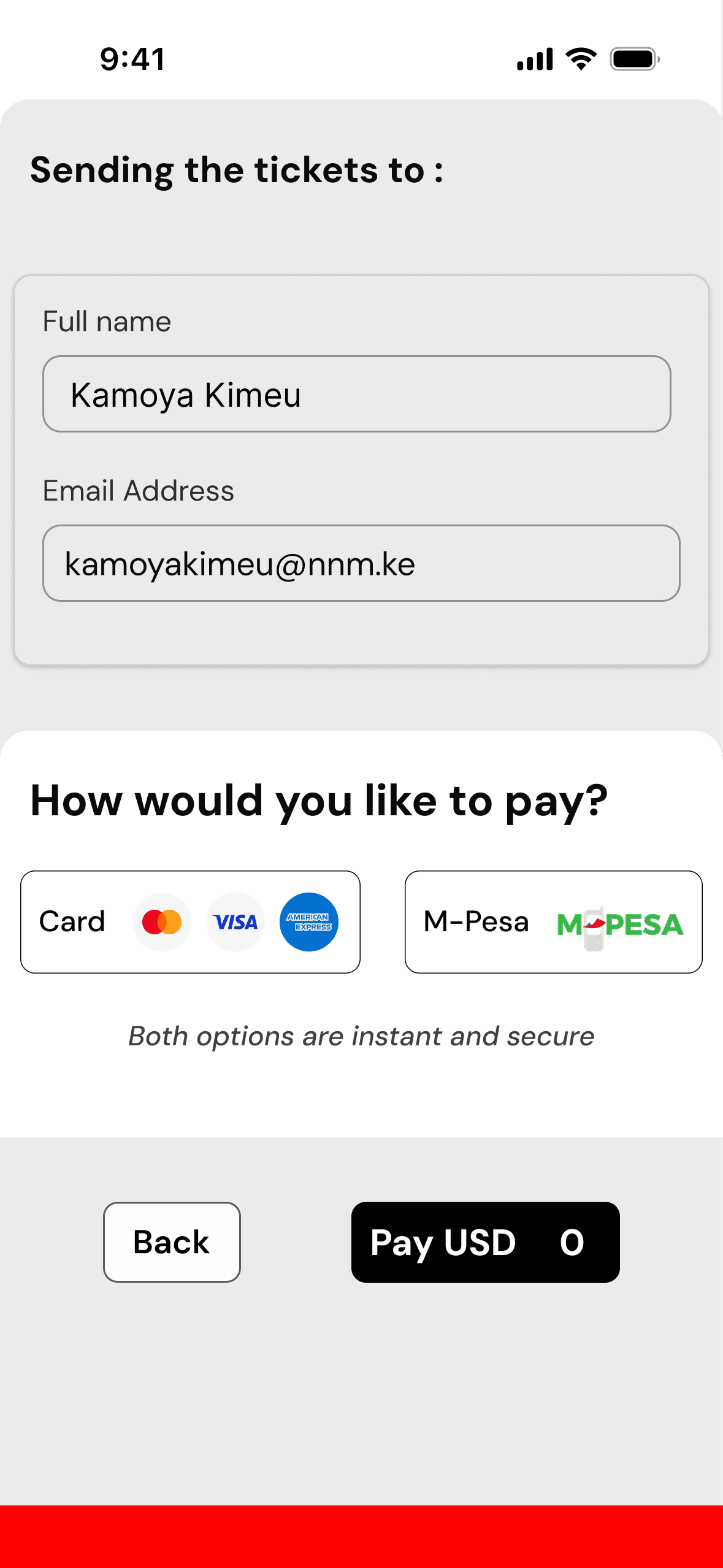 Payment method selection — Card or M-Pesa
