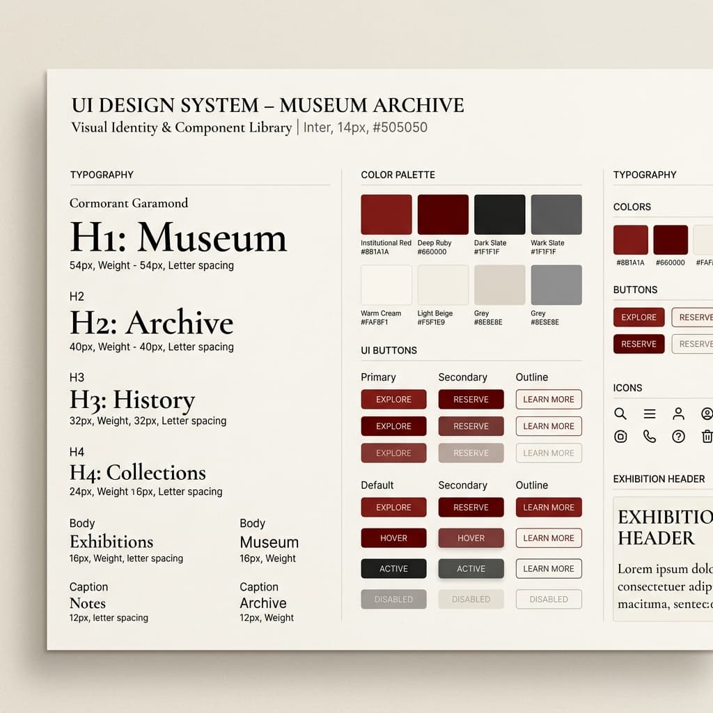 Design system board showing Josefin Sans typography, institutional red colour palette, button states, and icon set